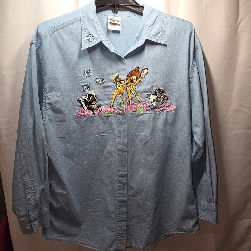 VTG Disney Bambi Thumper & Flower Long Sleeve L Denim Shirt Embroidered